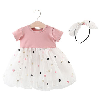 Children's Wear Female Baby Princess Dress Summer New Girls Star Print Dress Cotton Splicing Mesh Puff